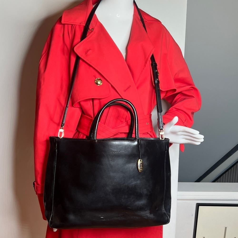 Furla Black Leather Tote Laptop Bag with Shoulder Strap